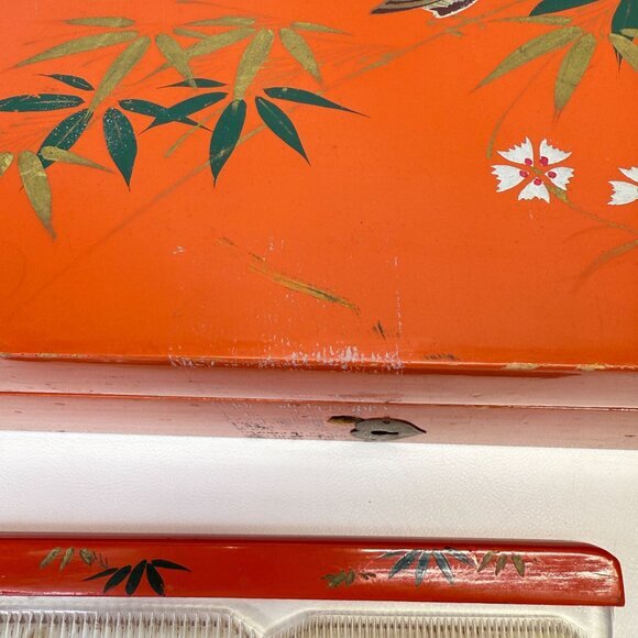 Japanese Lacquered Box and Comb Set Birds Bamboo Vintage‎ Hand Painted MCM - Picture 10 of 16